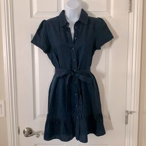 Adorable Banana Republic Navy Blue Shirt Dress with Tie Front and Bottom Ruffle